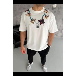 Erkek Baskılı T-Shirt Kısa Kol Bisiklet Yaka Regular Fit Rahat Kalıp Günlük Tişört - Beyaz