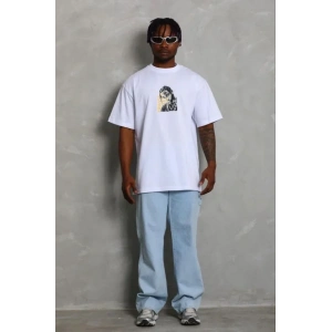 Erkek Baskılı T-Shirt Kısa Kol Bisiklet Yaka Regular Fit Rahat Kalıp Günlük Tişört - Beyaz
