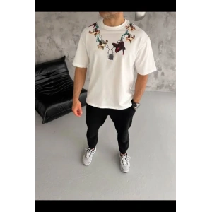 Erkek Baskılı T-Shirt Kısa Kol Bisiklet Yaka Regular Fit Rahat Kalıp Günlük Tişört - Beyaz