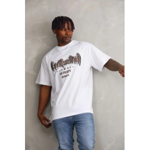 Erkek Baskılı T-Shirt Kısa Kol Bisiklet Yaka Regular Fit Rahat Kalıp Günlük Tişört - Beyaz