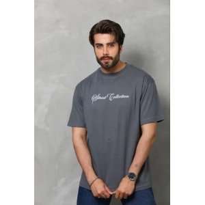 Erkek Baskılı T-Shirt Kısa Kol Bisiklet Yaka Regular Fit Rahat Kalıp Günlük Tişört - Füme