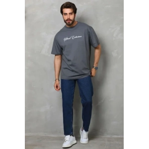 Erkek Baskılı T-Shirt Kısa Kol Bisiklet Yaka Regular Fit Rahat Kalıp Günlük Tişört - Füme