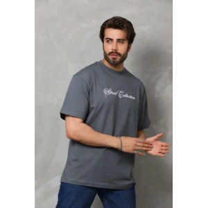 Erkek Baskılı T-Shirt Kısa Kol Bisiklet Yaka Regular Fit Rahat Kalıp Günlük Tişört - Füme