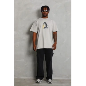 Erkek Baskılı T-Shirt Kısa Kol Bisiklet Yaka Regular Fit Rahat Kalıp Günlük Tişört - Gri