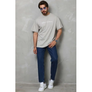 Erkek Baskılı T-Shirt Kısa Kol Bisiklet Yaka Regular Fit Rahat Kalıp Günlük Tişört - Gri