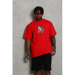 Erkek Baskılı T-Shirt Kısa Kol Bisiklet Yaka Regular Fit Rahat Kalıp Günlük Tişört - Kırmızı
