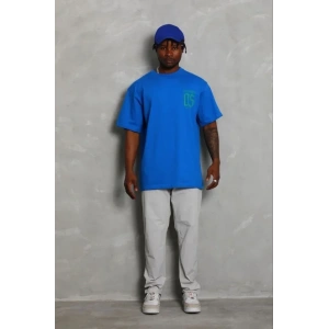 Erkek Baskılı T-Shirt Kısa Kol Bisiklet Yaka Regular Fit Rahat Kalıp Günlük Tişört - Saks Mavisi