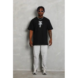 Erkek Baskılı T-Shirt Kısa Kol Bisiklet Yaka Regular Fit Rahat Kalıp Günlük Tişört - Siyah