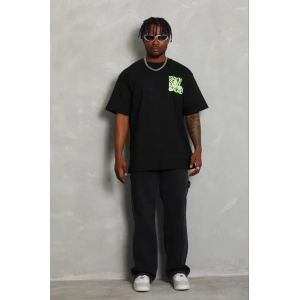 Erkek Baskılı T-Shirt Kısa Kol Bisiklet Yaka Regular Fit Rahat Kalıp Günlük Tişört - Siyah