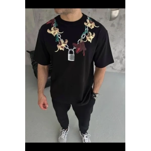 Erkek Baskılı T-Shirt Kısa Kol Bisiklet Yaka Regular Fit Rahat Kalıp Günlük Tişört - Siyah