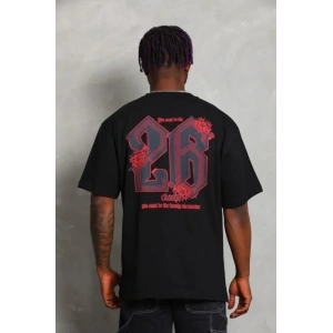 Erkek Baskılı Tişort Kısa Kol Bisiklet Yaka Ovarsize T-Shirt - Siyah
