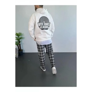 Erkek Baskılı Üç İplik Kapüşonlu Oversize Sweatshirt - Beyaz