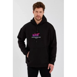 Erkek Baskılı Üç İplik Kapüşonlu Oversize Sweatshirt - Siyah