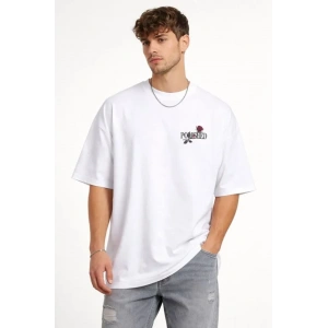 Erkek Bisiklet Yaka Baskılı Kısa Kollu Tişört Streetwear Günlük Basic Pamuklu T-shirt - Beyaz