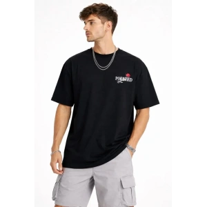 Erkek Bisiklet Yaka Baskılı  Kısa Kollu Tişört Streetwear Günlük Basic Pamuklu T-shirt - Siyah