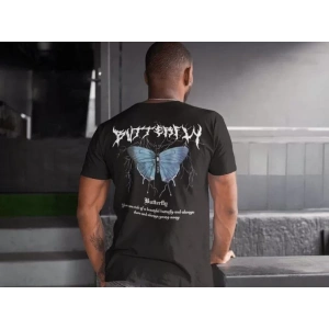 Erkek Bisiklet Yaka Baskılı Oversize T-Shirt - Siyah