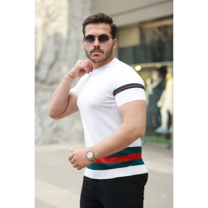 Erkek Bisiklet Yaka Bel Ve Kol şerit Desenli Kısa Kollu Tişört