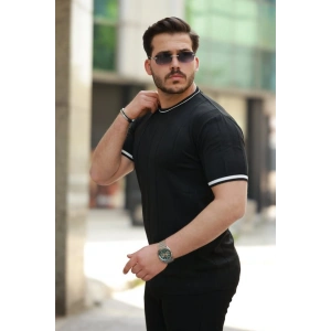 Erkek Bisiklet Yaka çizgi Desenli Ribanalı Kısa Kollu Tshirt