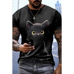 Erkek Bisiklet Yaka Kedi Baskılı Süprem T-shirt