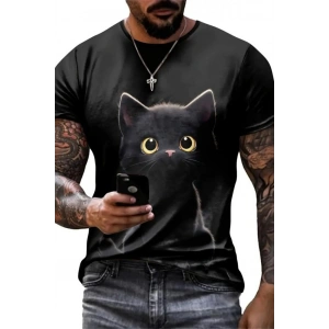 Erkek Bisiklet Yaka Kedi Baskılı Süprem T-shirt