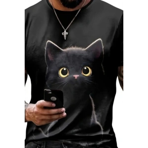 Erkek Bisiklet Yaka Kedi Baskılı Süprem T-shirt