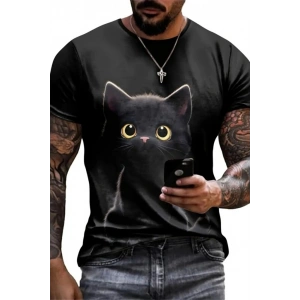 Erkek Bisiklet Yaka Kedi Baskılı Süprem T-shirt