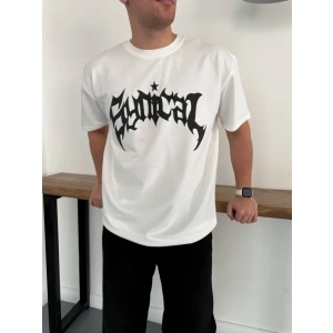 Erkek Bisiklet Yaka Ön Baskılı Kısa Kollu Tişört Streetwear Günlük Basic Pamuklu T-shirt - Beyaz