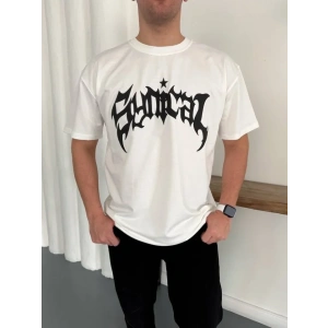 Erkek Bisiklet Yaka Ön Baskılı Kısa Kollu Tişört Streetwear Günlük Basic Pamuklu T-shirt - Beyaz