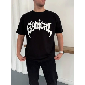 Erkek Bisiklet Yaka Ön Baskılı  Kısa Kollu Tişört Streetwear Günlük Basic Pamuklu T-shirt - Siyah