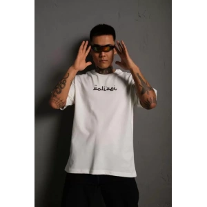 Erkek Bisiklet Yakalı Sırt Baskılı Oversize T-Shirt - Beyaz