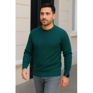 Erkek Bisiklet Yuvarlak Yaka Triko Kazak Pamuklu Kalın Fitilli Dokuma, Regular Fit Uzun Kollu Kışlık Model - Haki