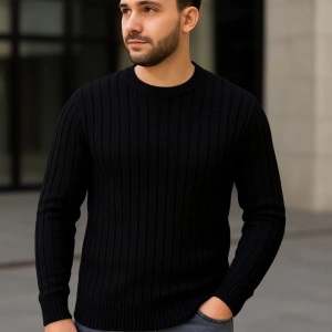 Erkek Bisiklet Yuvarlak Yaka Triko Kazak Pamuklu Kalın Fitilli Dokuma, Regular Fit Uzun Kollu Kışlık Model - Siyah