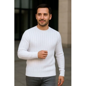 Erkek Bisiklet Yuvarlak Yaka Triko Kazak Pamuklu Kalın Fitilli Dokuma, Regular Fit Uzun Kollu Kışlık Model - Beyaz