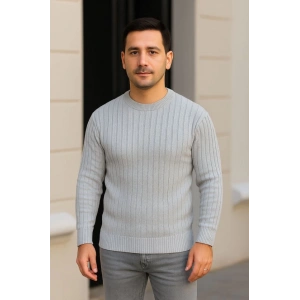 Erkek Bisiklet Yuvarlak Yaka Triko Kazak Pamuklu Kalın Fitilli Dokuma, Regular Fit Uzun Kollu Kışlık Model - Gri