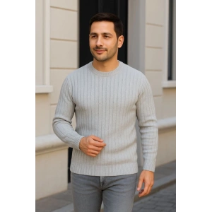 Erkek Bisiklet Yuvarlak Yaka Triko Kazak Pamuklu Kalın Fitilli Dokuma, Regular Fit Uzun Kollu Kışlık Model - Gri