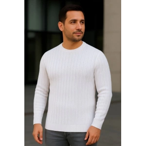 Erkek Bisiklet Yuvarlak Yaka Triko Kazak Pamuklu Kalın Fitilli Dokuma, Regular Fit Uzun Kollu Kışlık Model - Beyaz