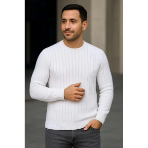 Erkek Bisiklet Yuvarlak Yaka Triko Kazak Pamuklu Kalın Fitilli Dokuma, Regular Fit Uzun Kollu Kışlık Model - Beyaz