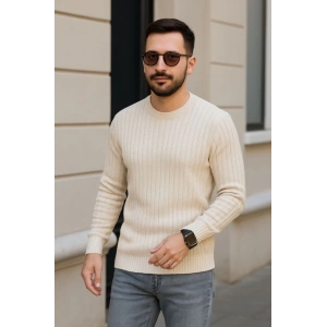 Erkek Bisiklet Yuvarlak Yaka Triko Kazak Pamuklu Kalın Fitilli Dokuma, Regular Fit Uzun Kollu Kışlık Model - Bej