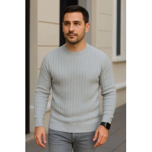 Erkek Bisiklet Yuvarlak Yaka Triko Kazak Pamuklu Kalın Fitilli Dokuma, Regular Fit Uzun Kollu Kışlık Model - Gri