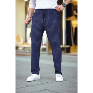 Erkek Cizgili Dokuma Krep Jogger Buggy Pantalon Rahat Kalıp - Lacivert