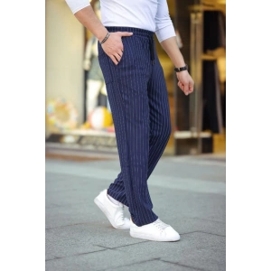 Erkek Cizgili Dokuma Krep Jogger Buggy Pantalon Rahat Kalıp - Lacivert
