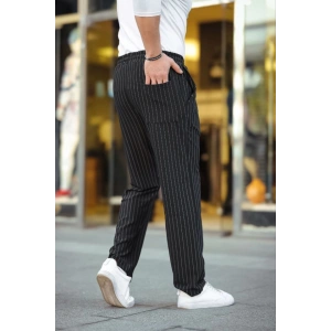 Erkek Cizgili Dokuma Krep Jogger Buggy Pantalon Rahat Kalıp - Siyah