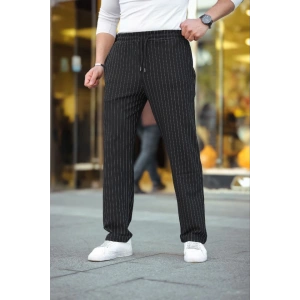 Erkek Cizgili Dokuma Krep Jogger Buggy Pantalon Rahat Kalıp - Siyah