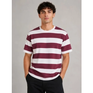Erkek Çizgili Oversize Tişört Bisiklet Yaka Kısa Kol Yazlık T-Shirt - Bordo
