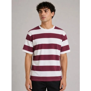 Erkek Çizgili Oversize Tişört Bisiklet Yaka Kısa Kol Yazlık T-Shirt - Bordo