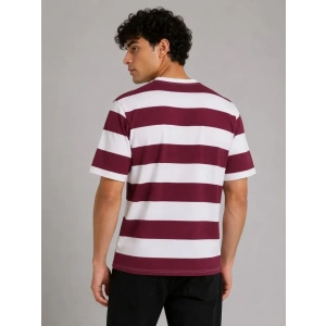 Erkek Çizgili Oversize Tişört Bisiklet Yaka Kısa Kol Yazlık T-Shirt - Bordo