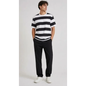 Erkek Çizgili Oversize Tişört Bisiklet Yaka Kısa Kol Yazlık T-Shirt - Siyah