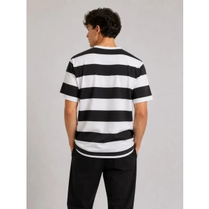 Erkek Çizgili Oversize Tişört Bisiklet Yaka Kısa Kol Yazlık T-Shirt - Siyah