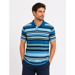 Erkek Çizgili Polo Yaka Tişört Kısa Kol Yazlık T-Shirt Regular Fit - Mavi