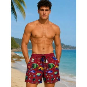 Erkek Deniz Temalı Balık Desenli Deniz Şortu Fermuarlı Cepli File Astarlı - Bordo